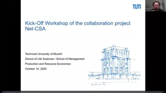 Start slide of the kick-off workshop with Prof. Sauer, TUM Chair of Production and Resource Economics