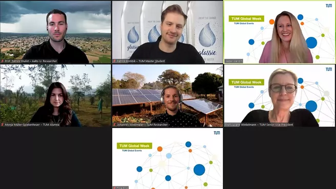 Slide mit Screenshots der Teilnehmenden an der Podiumsdiskussion zum Thema Nachhaltigkeit