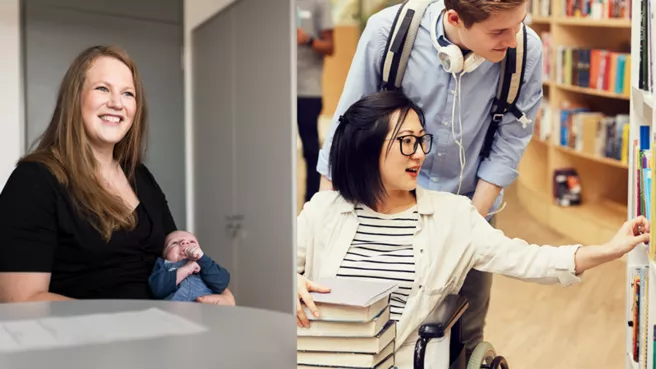 Junge Frau mit Baby und junge Frau im Rollstuhl in einer Bibliothek