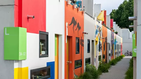 Colorful student bungalows in the Olympic Village in Munich