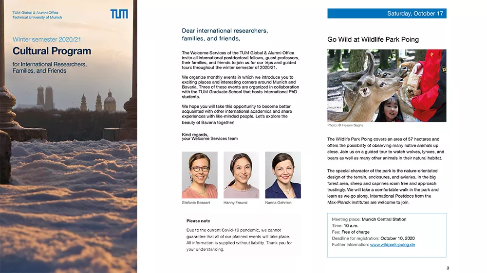 First three pages of the TUM Global & Alumni Office - Cultural Program für das Wintersemster 2020/21