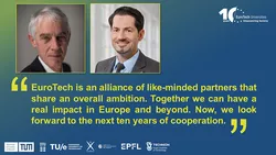 Graphic with portrait pictures of TUM President Hofmann and EPFL President Vetterli plus quote