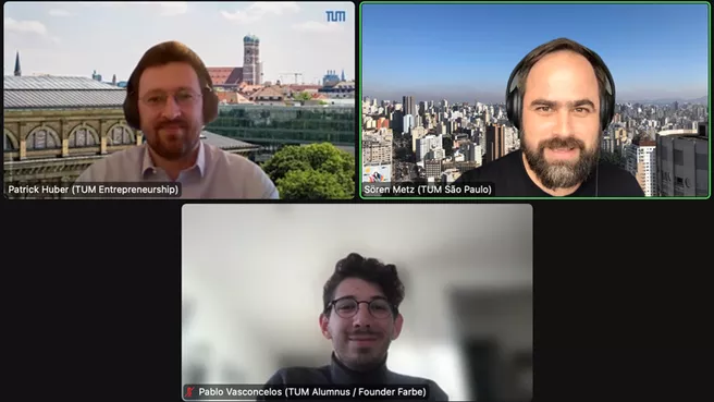 Screenshot von drei TUM-Vertretern beim Online-Info-Event von TUM São Paulo