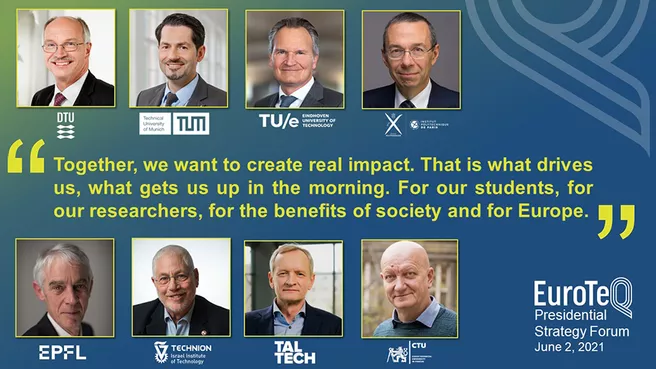 Grafik mit Porträtbildern der acht Universitätspräsidenten plus Zitat