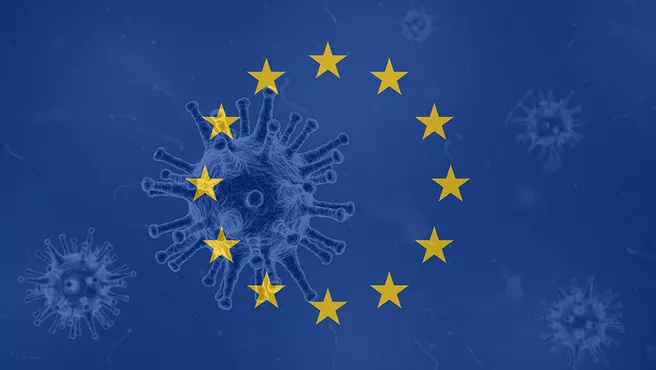 Coronavirus-Darstellung auf Flagge der Europäischen Union