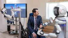 Thomas F. Hofmann, President of the Technical University Munich wity assisting robot "Garmi" during the visit of the TUM research and development center "Geriatronik" on February 17, 2020 in Garmisch-Partenkirchen