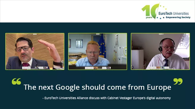 Grafik mit Bildern der drei Protagonisten und dem Zitat 'Das nächste Google sollte aus Europa kommen'.