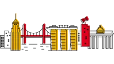 Grafik mit Symbolen für Metropolen, wie zum Beispiel die Golden Gate Bridge und das Brandenburger Tor