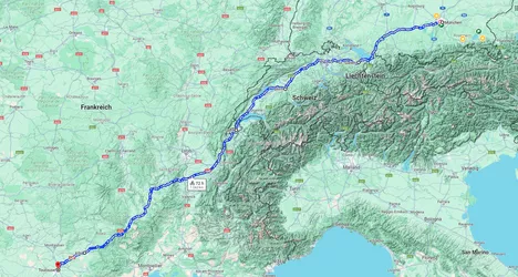 Fabios grüne Reiseroute: Zunächst ging es mit dem Nachtbus von München nach Genf und von dort dann mit dem Fahrrad entlang der Rhône durch die Auvergne-Rhône-Alpes Region. Screenshot: Google Maps