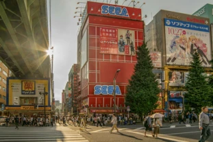 Lively street with view of a SEGA store in Tokyo's Akihabara district