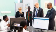 Prof. Winkelmann and Dr. Harald Olk, Head of the TUM Global & Alumni Office, visiting the KNUST Responsible AI Lab, led by Prof. Jerry John Kponyo, Dean of Quality Assurance and Planning Unit at KNUST. Image: Reuben Kporsu