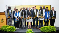 Prof. Winkelmann, Prof. Belz and Prof. Owusu-Dabo, Pro Vice-Chancellor of KNUST (all in the front, center) with the scientific leaders of the SEED Center partner universities. Image: Jonathan Kofi Ativor
