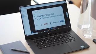 Laptop with EuroTech logo during the virtual EuroTech student council meeting. 