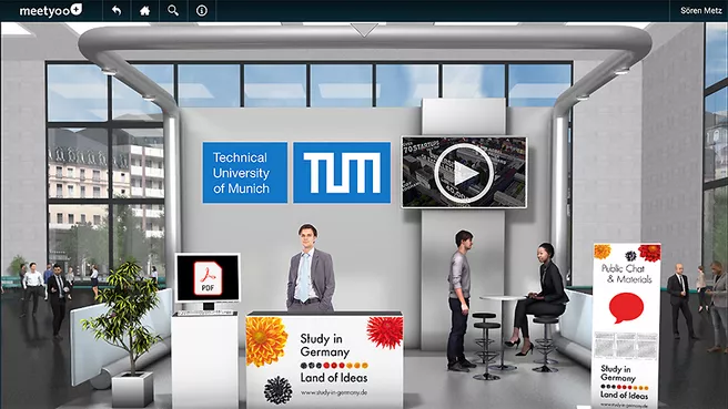 Computeranimierter Messestand der TUM bei der virtuellen Studienmesse für Lateinamerika