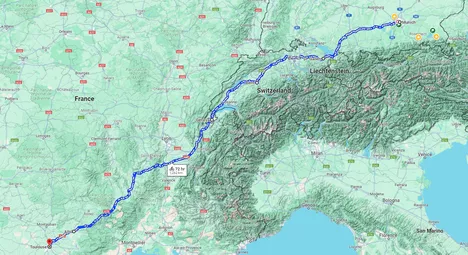 Fabio's green travel route: First he took the night bus from Munich to Geneva and then cycled along the Rhône through the Auvergne-Rhône-Alpes region. Screenshot: Google Maps