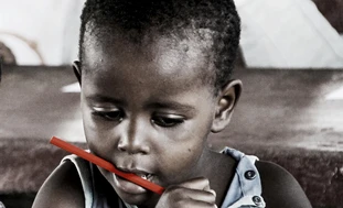 A little boy nibbles at a colored pencil 