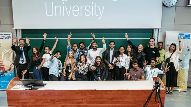 Group of students in a lecture hall of the Czech Technical University in Prague