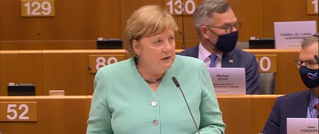 Screenshot of the German chancellor during the live stream from the European Parliament