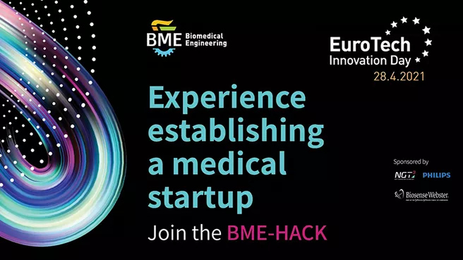 Advertisement featuring the details of the biomedical engineering hackathon on April 28, 2021