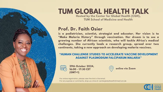 Collage with picture of Dr. Faith Osier and information on the Global Health Talk on October 29 about current findings in malaria research