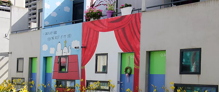 Colorful student bungalows in the Olympic Village in Munich
