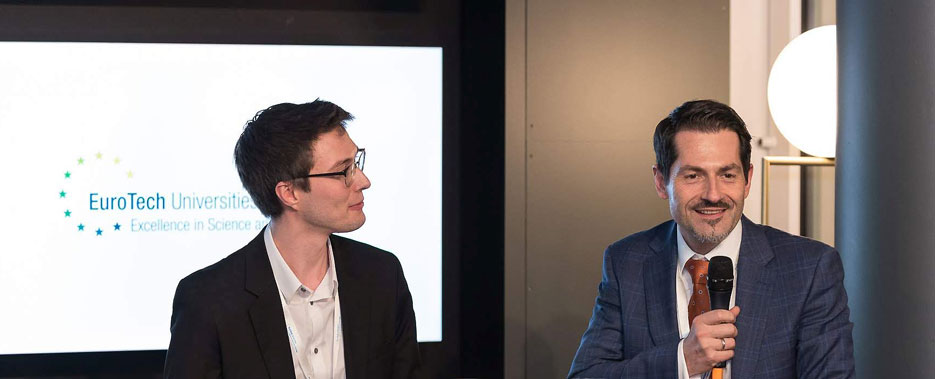 Prof. Thomas F. Hofmann with a representative of the DTU's students' union on stage in Brussels