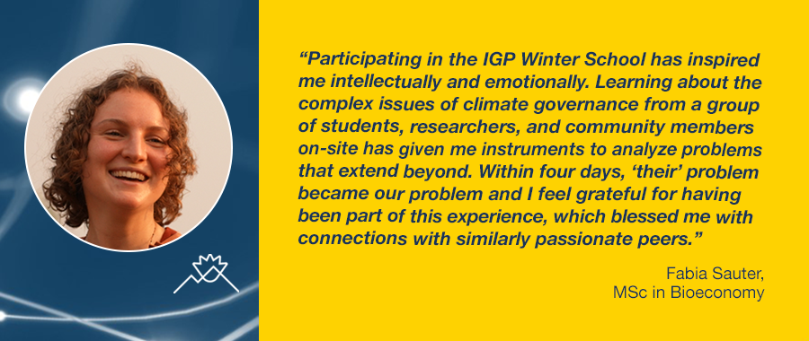 Bild mit Aussage der Teilnehmerin Fabia Sauter zur IGP Winter School in Indien im Dezember 2022