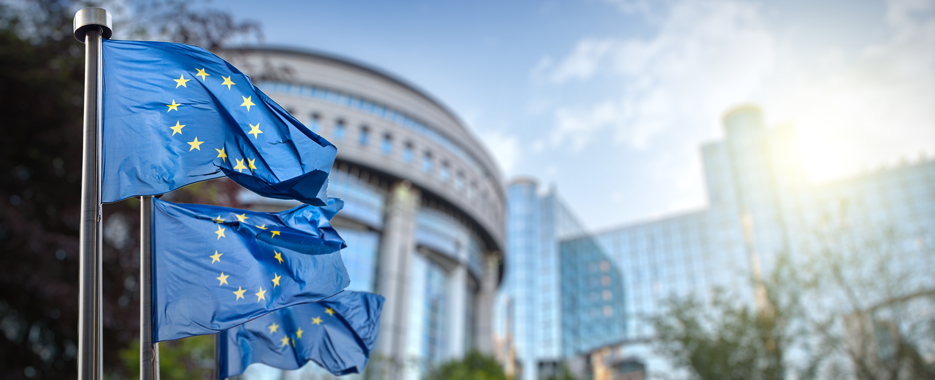 Flag of the European Union in front of the Parliament in Brussels, Belgium