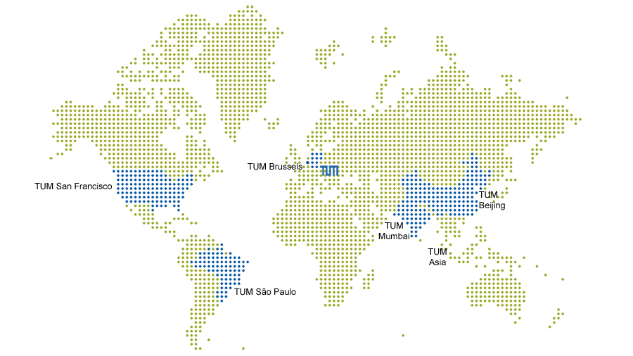 Grafische Darstellung der internationalen TUM-Verbindungsbüros und des Campus TUM Asia