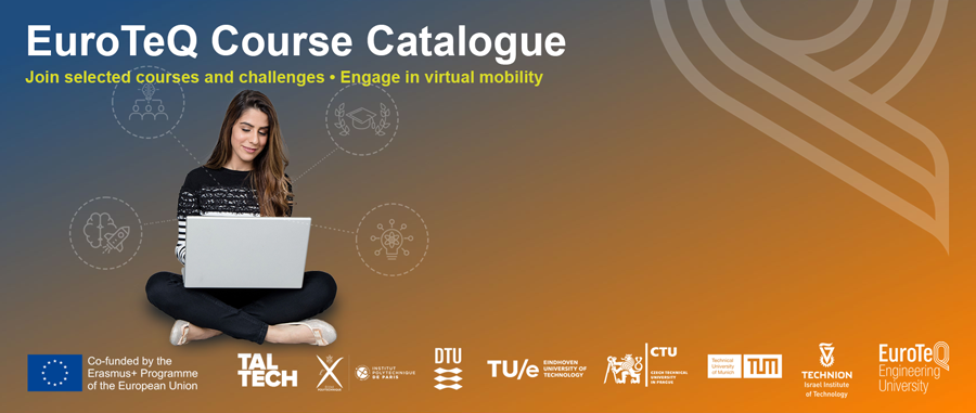 Graphic for joint, virtual EuroTeQ course offering with female student using laptop