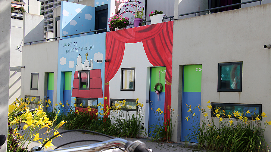 Colorful student bungalows in the Olympic Village in Munich