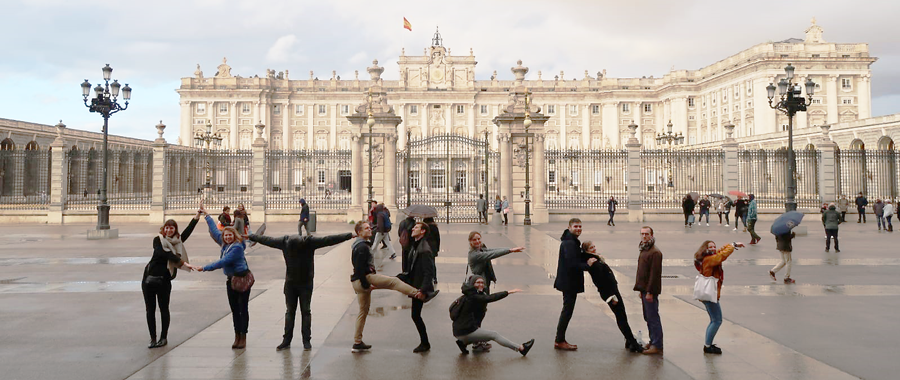 Participants of the ATHENS week in Madrid form the word ATHENS with their bodies.