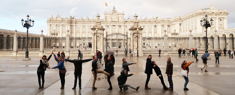 Participants of the ATHENS week in Madrid form the word ATHENS with their bodies.