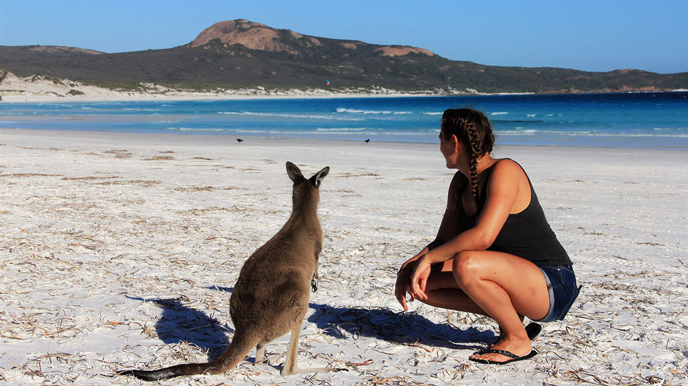 Junge Frau und Känguru am Strand